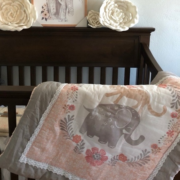 Levtex Other - Elephant and Floral Baby Quilt - Gray and Pink